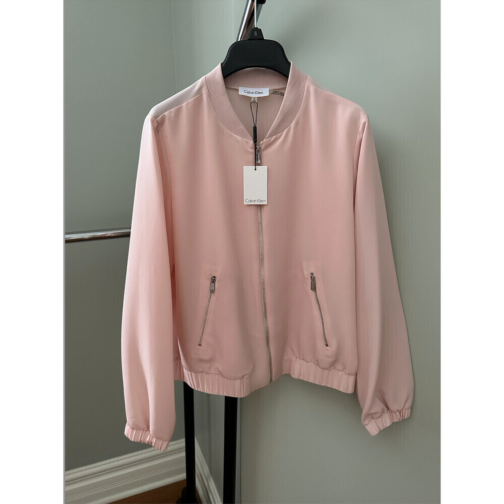 Calvin Klein women's Zip Up Sheer Satin Bomber Jacket In Blush Pink Size S $150